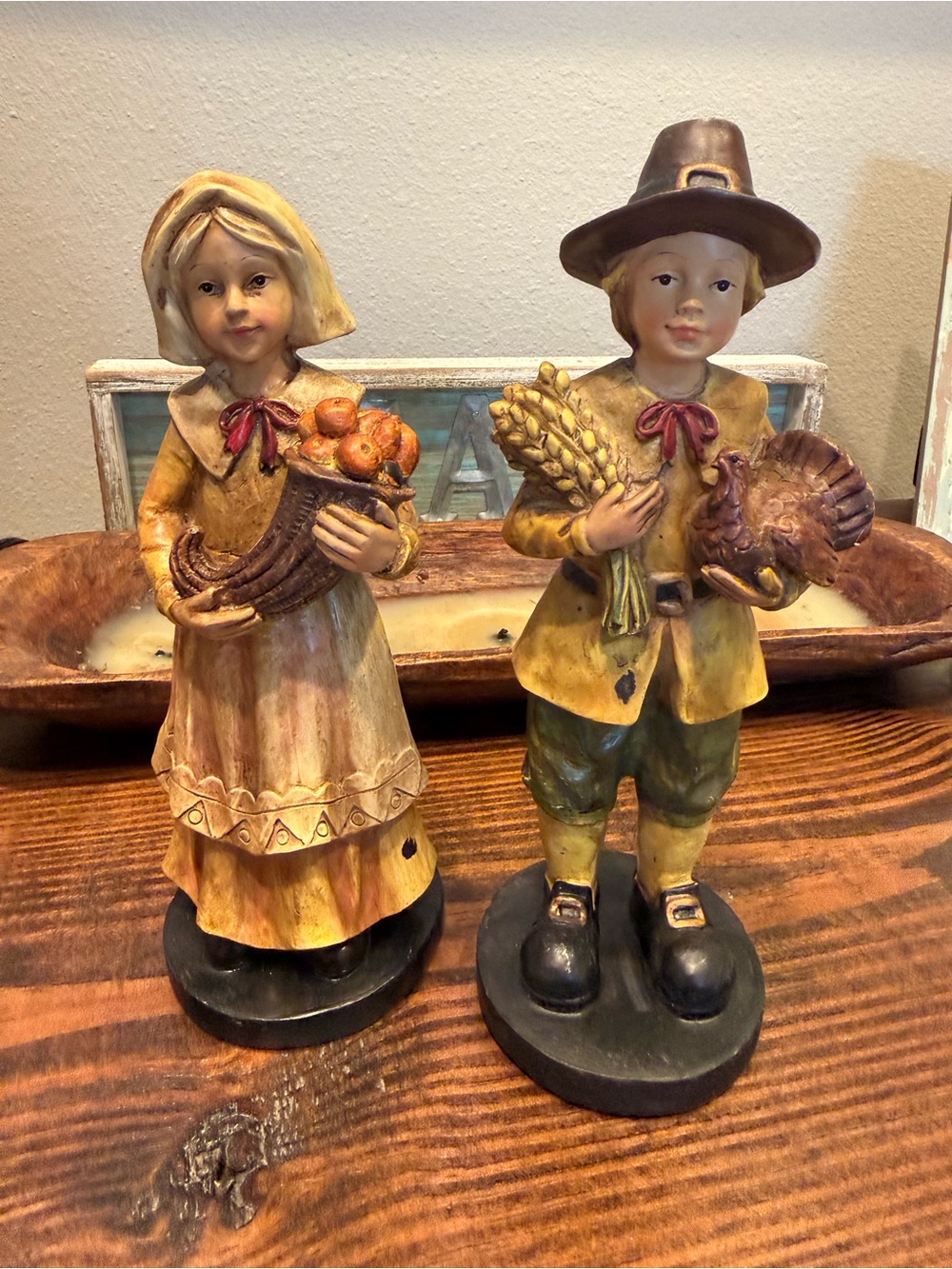 Vintage Pilgrim Boy Girl Thanksgiving Figurines Harvest Turkey Cornucopia 9” 10”